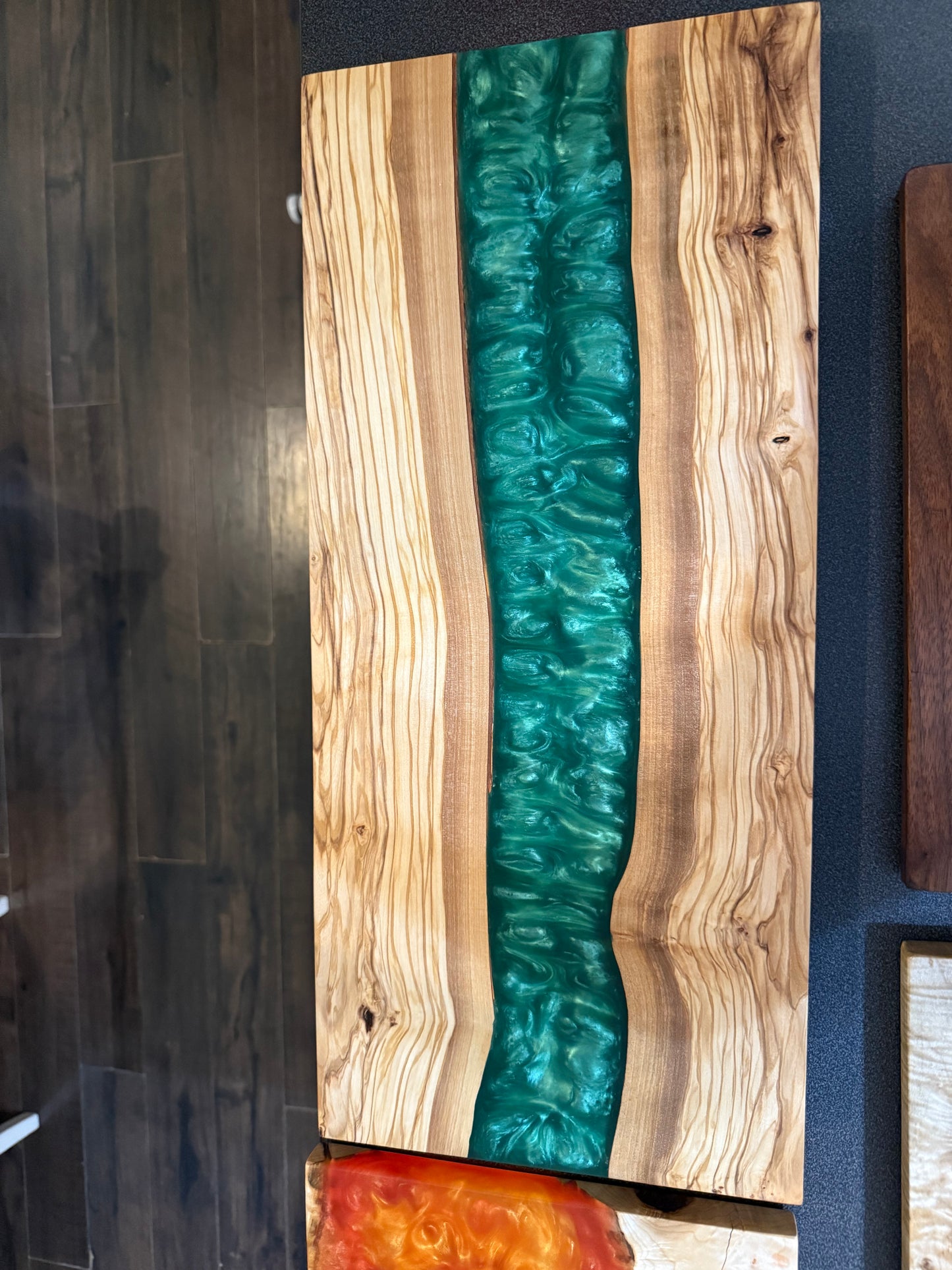 Beautiful olive wood resin river live edge charcuterie board 11 x 24”