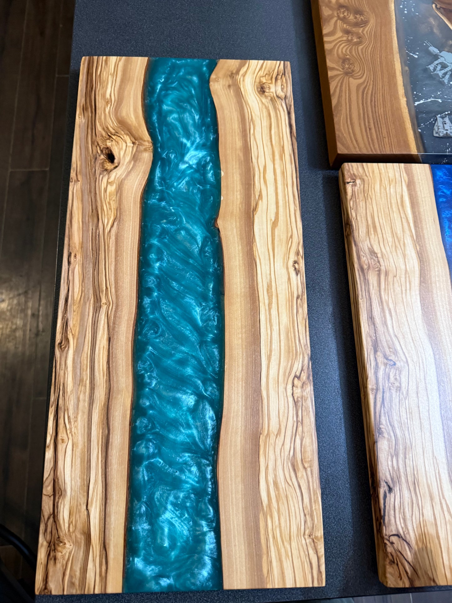 Beautiful olive wood resin river live edge charcuterie board 11 x 24”