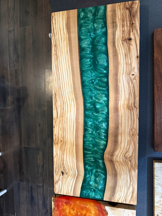 Beautiful olive wood resin river live edge charcuterie board 11 x 24”